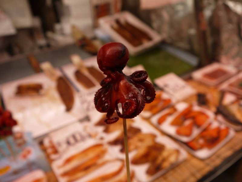 Octopus with quail eggs in Kuromon Market