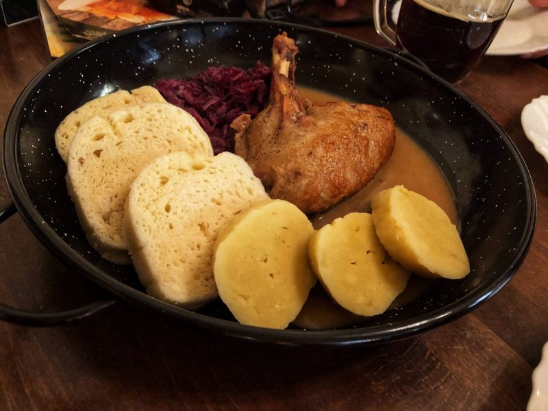 Roasted Duck Leg with dumpling and red cabbage